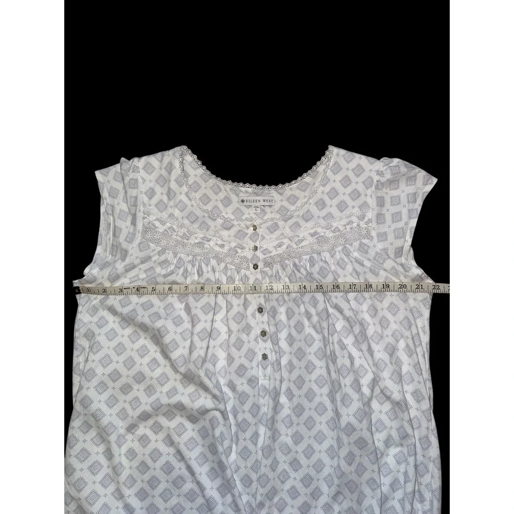 Eileen West Nightgown Womens L White Blue Diamond Lace Trim Ruffle Hem Cotton